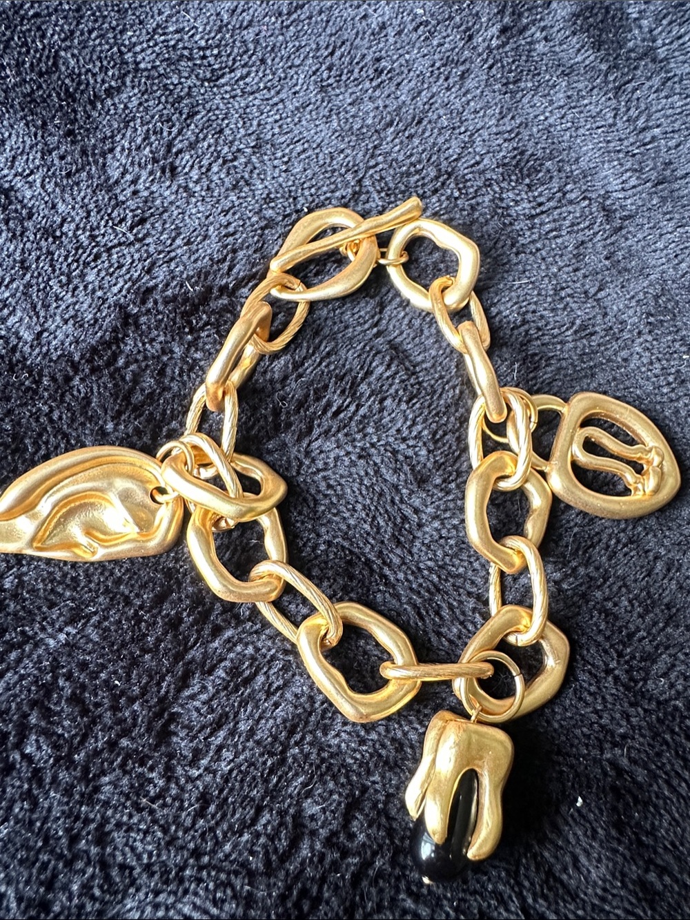 Gold-Tone Chunky Link Bracelet with Black Drop Charm